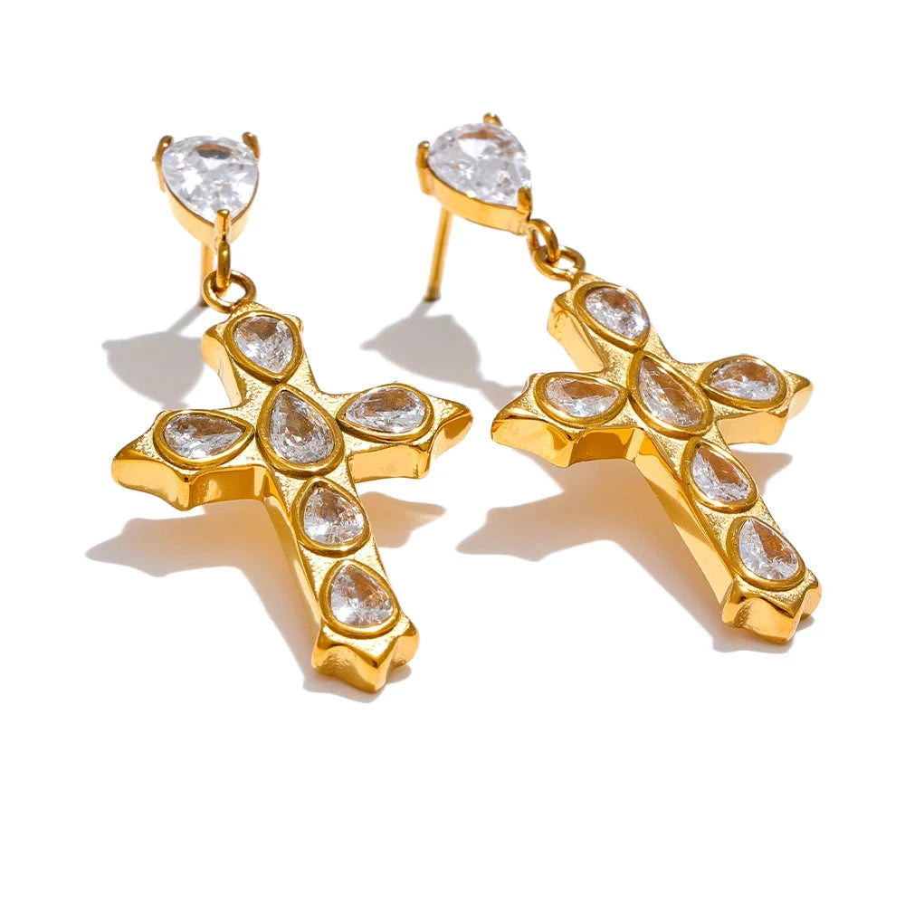 Bellartini Gold Shiny Cubic Zirconia Cross Drop Earrings WP