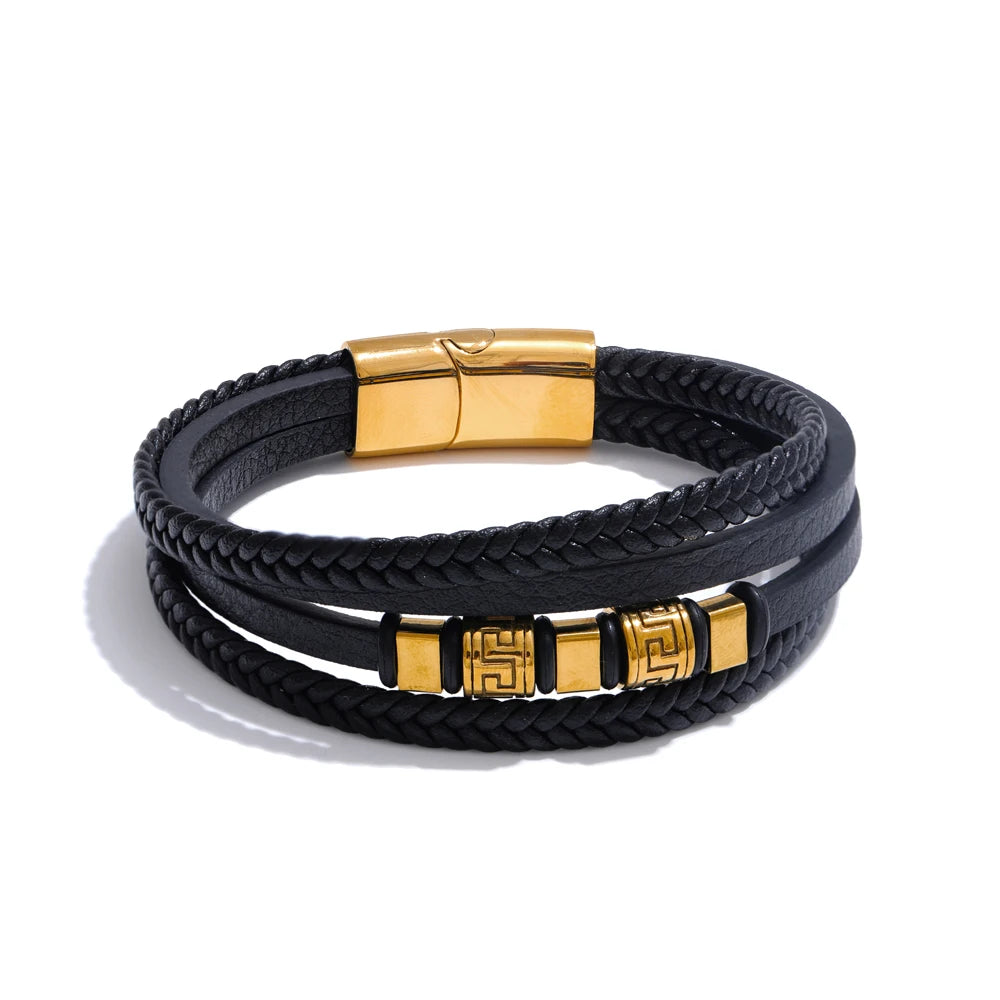 Bellartini Gold 68mm Leather Braided Handmade Layered Men Bracelet Bangle WP