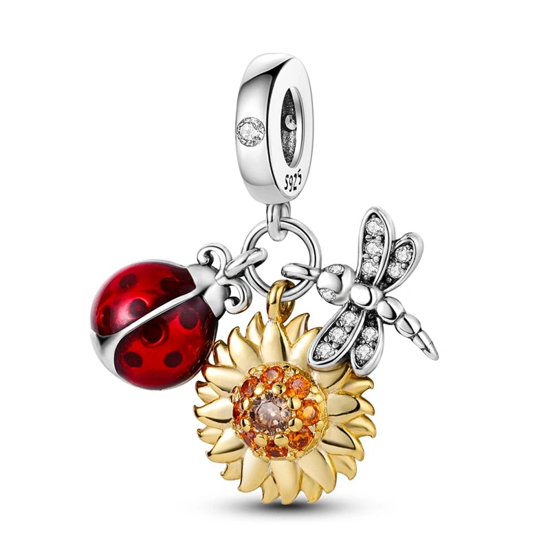 Bellartini 925 Sterling Silver Fashion Golden Sunflowers Heart Charms Beads Fit Pandora Original Bracelets KJC674