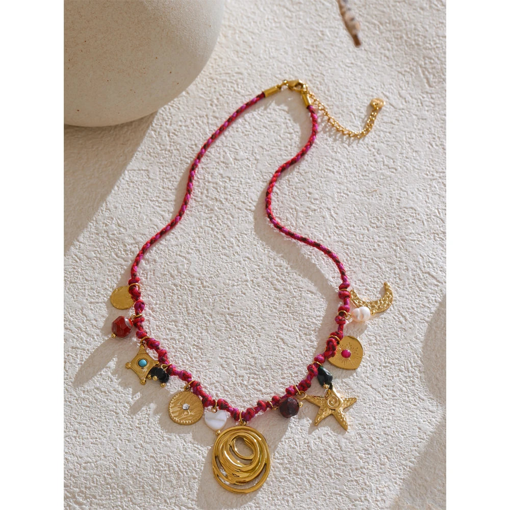 Bellartini Gold Fashion Rope Braided Natural Stone Necklace