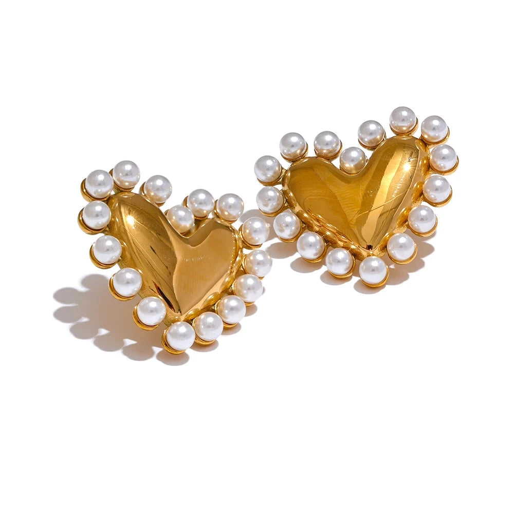 Bellartini Gold Heart Imitation Pearls Lover Stud Earrings WP