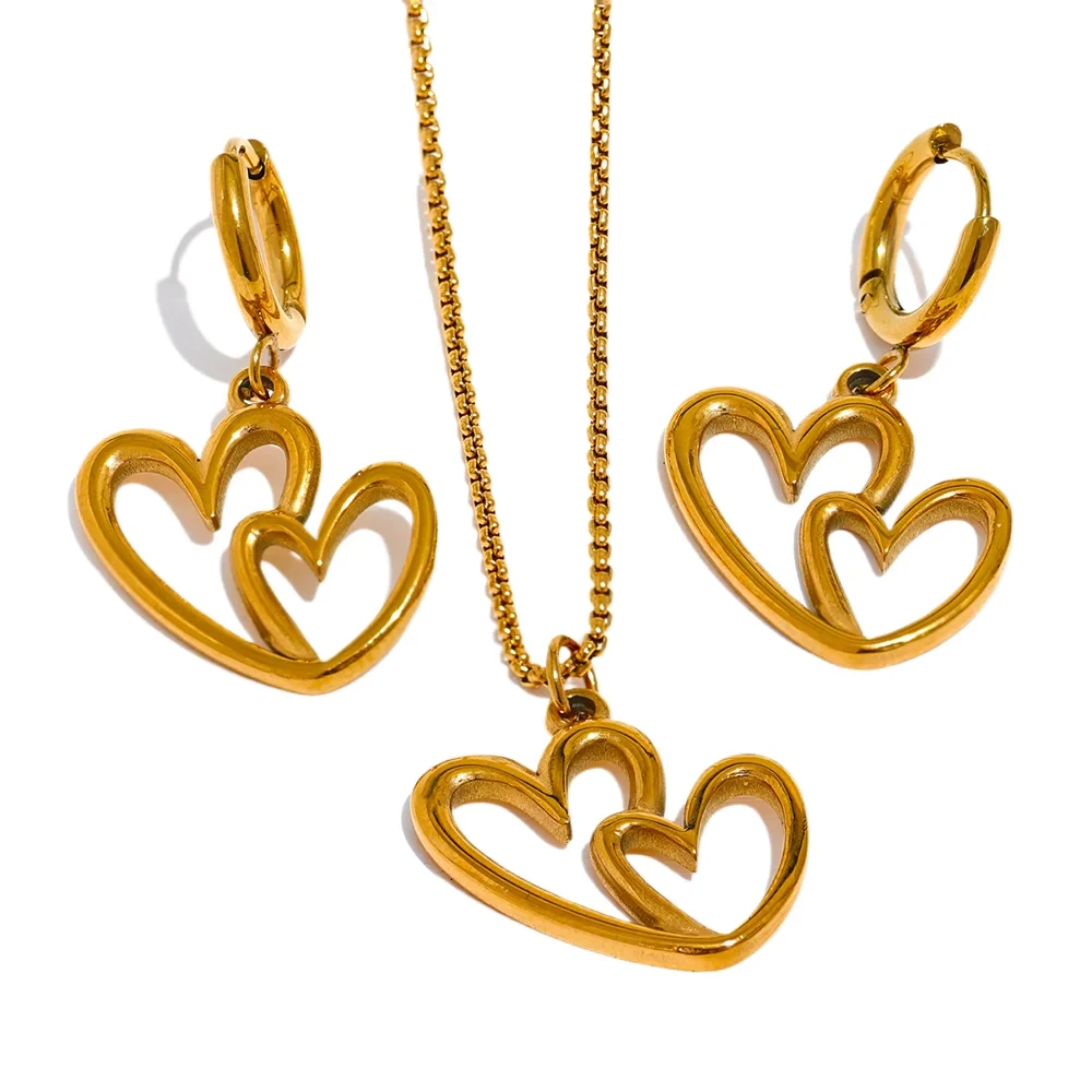 Bellartini Gold Heart Hollow Drop Hoop Earring & Necklace Set