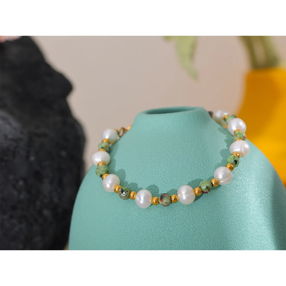 Bellartini Gold Natural Stone Freshwater Pearls Handmade Bracelet WP