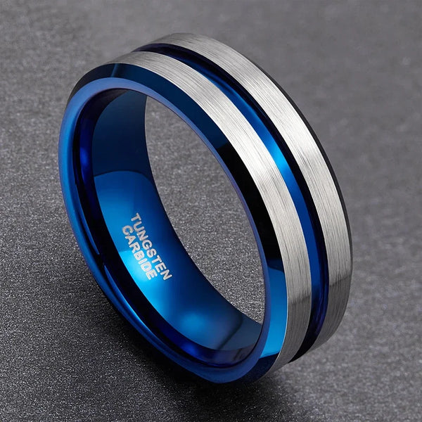 Bellartini Milan Silver Tungsten Ring with Blue Line for Men