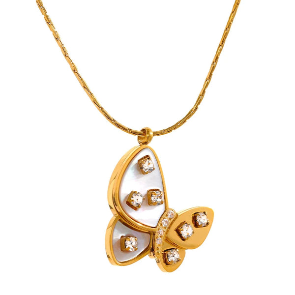 Bellartini Gold Aesthetic Natural Shell Zircon Butterfly Pendant Charm Necklace