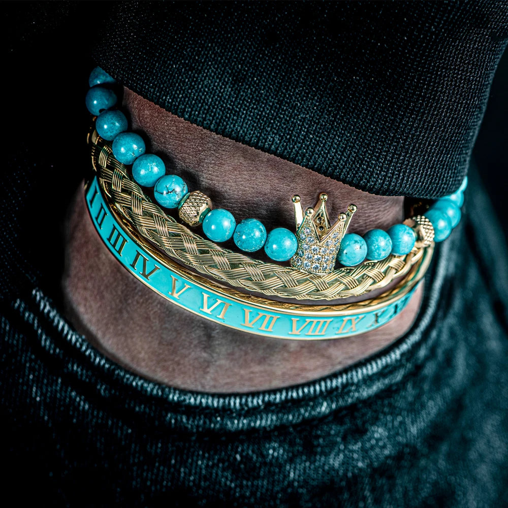 Bellartini Luxury Set Bracelets Men CZ Crown Handmade Roman Buckle Turquoise Stone