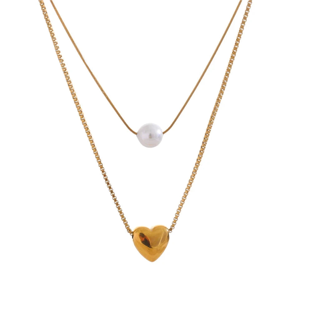 Bellartini Gold Fashion Double-Layer Heart Pearl Pendant Necklace