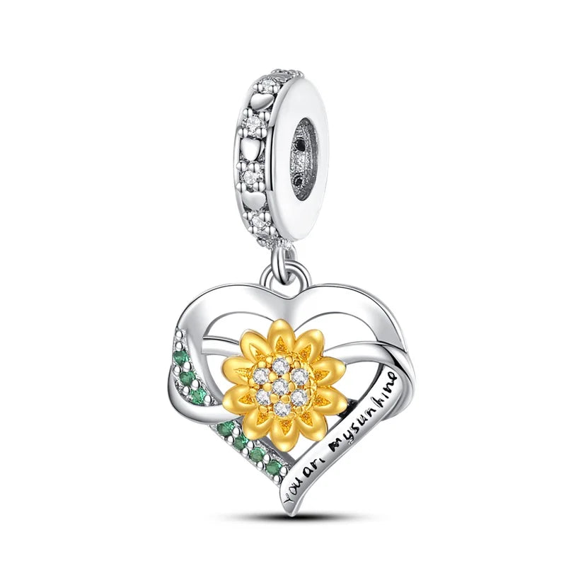 Bellartini 925 Sterling Silver Golden Sunflowers Heart Charms Beads Fit Pandora 925 Original Bracelets PAC536