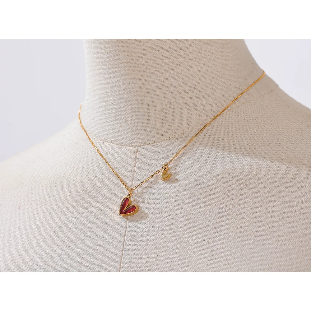 Bellartini Gold Red Enamel White Natural Shell Heart Pendant Necklace