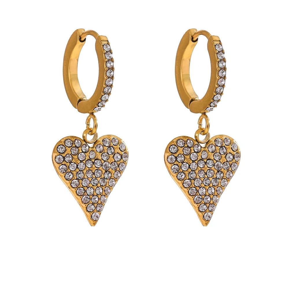 Bellartini Gold Shiny Cubic Zirconia Heart Love Drop Hoop Earrings