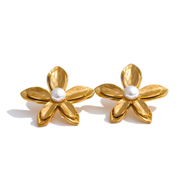 Bellartini 18k Gold Fashion Metal Flower Pearl Stud Earrings WP