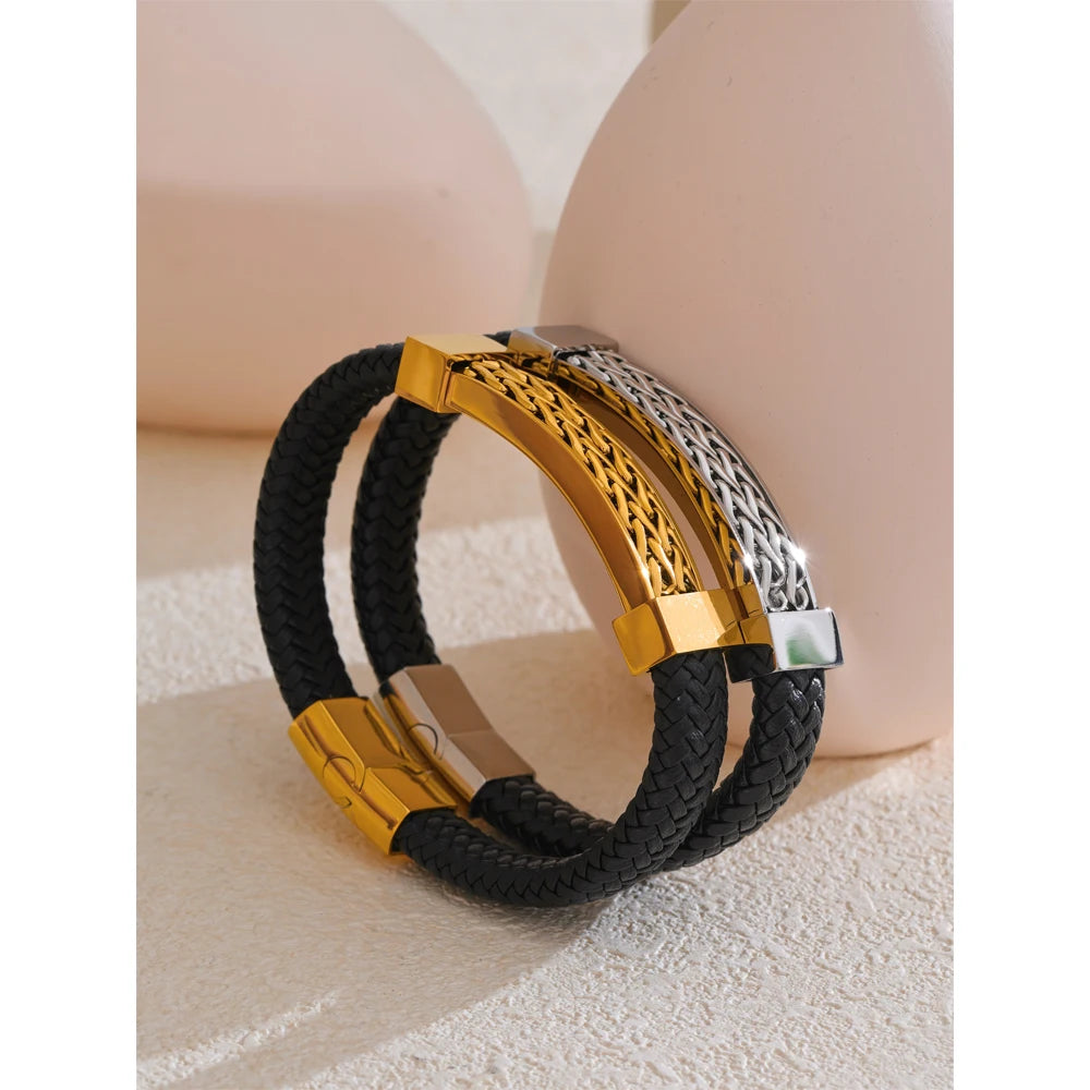 Bellartini Gold 70mm Personalized Leather Metal Chain Wide Bracelet Bangle