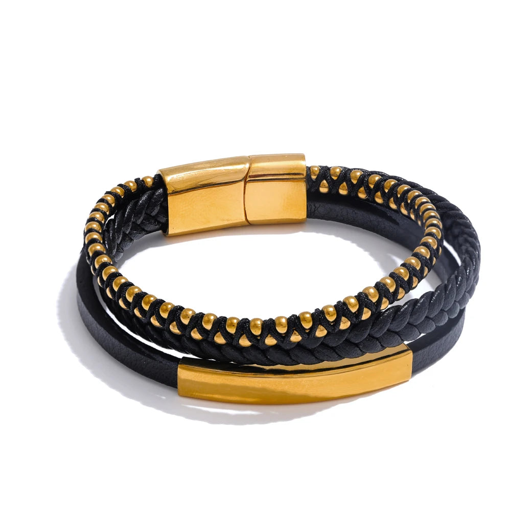 Bellartini Gold 66mm Statement Black Leather Braided Double Layer Retro Bracelet Bangle WP