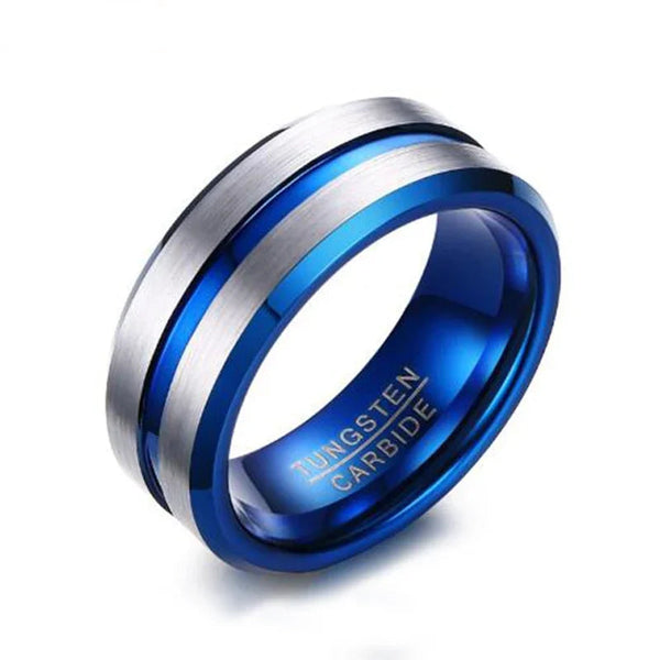 Bellartini Milan Silver Tungsten Ring with Blue Line for Men