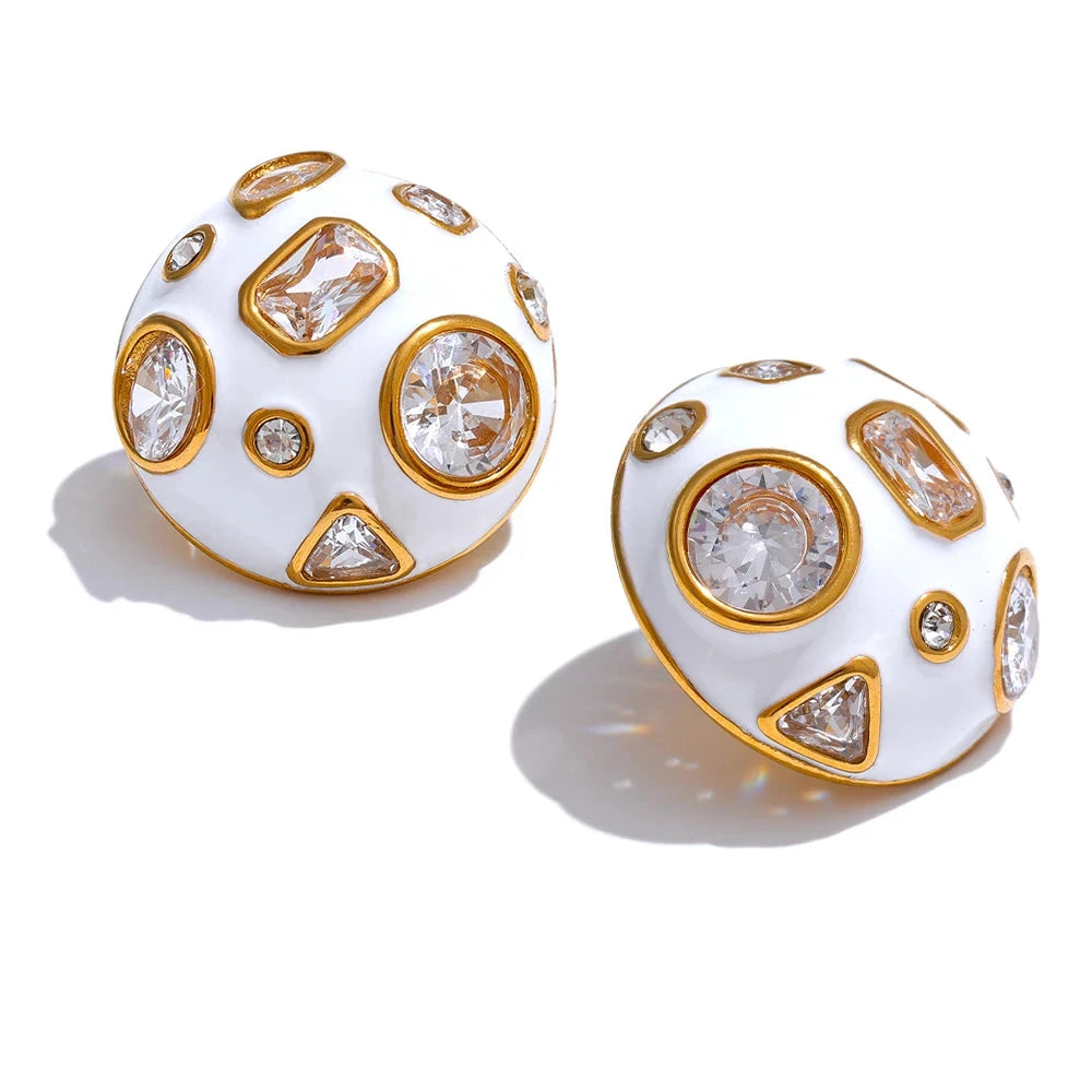 Bellartini Gold White Enamel Cubic Zirconia Charm Stud Earrings WP Venice