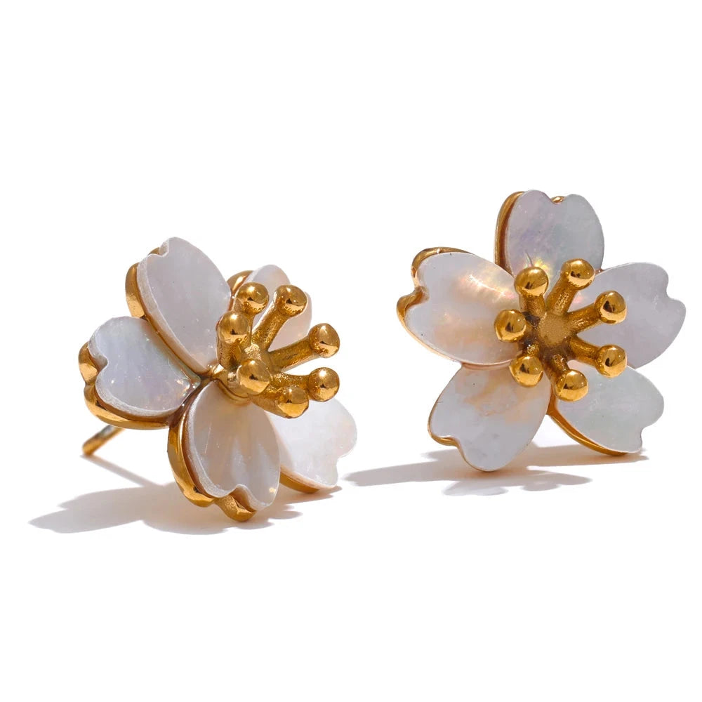 Bellartini Gold Natural Shell Flower Stud Earrings