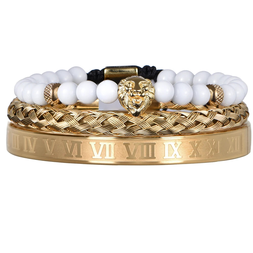 Bellartini Luxury Set Crown Charm Gold Color Skull Bracelet Men White Roman Bangles