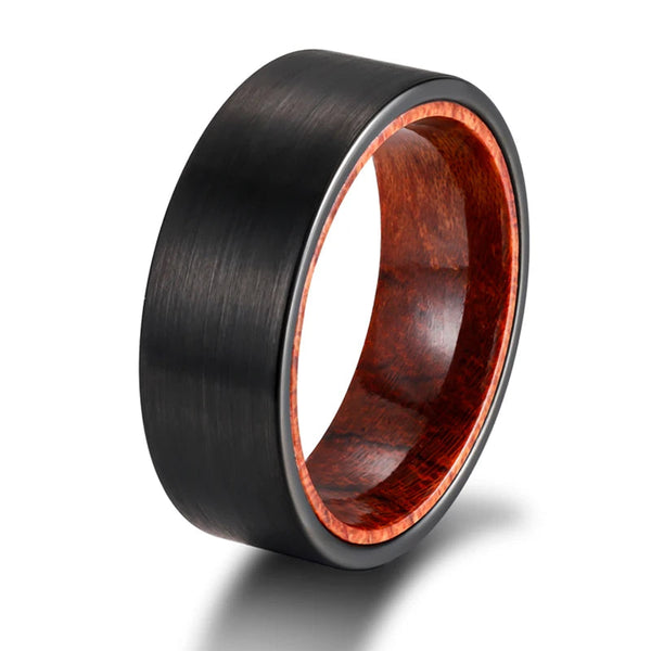 Bellartini Pisa Black Matte Tungsten Ring with Red Sandalwood for Men
