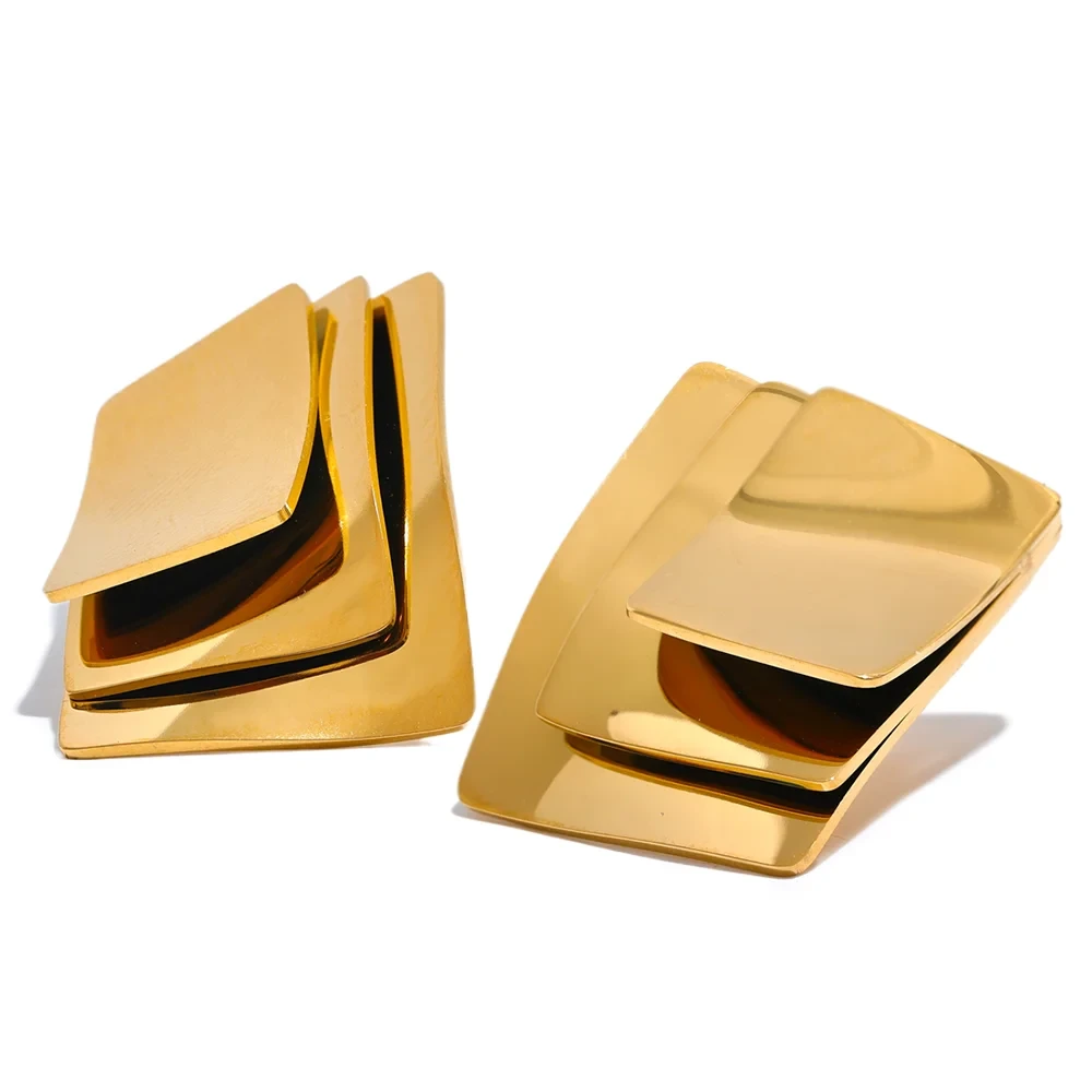 Bellartini Gold Glossy Stainless Steel Square Layered Stud Earrings WP