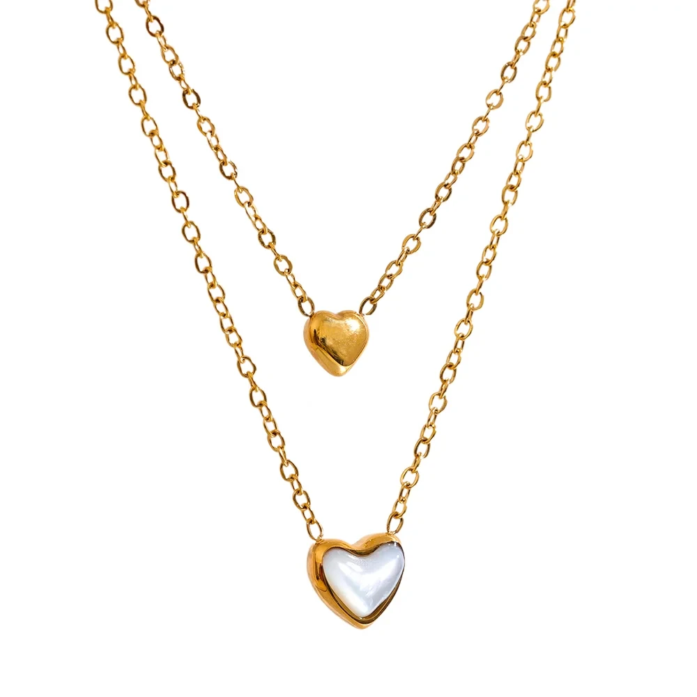 Bellartini Gold Heart Natural Shell Pendant Double Layered Necklace WP Venice