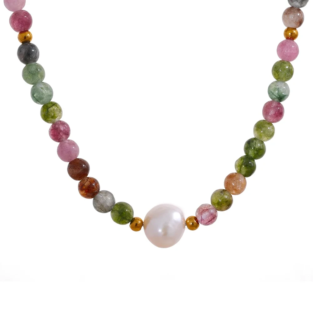 Bellartini Gold Multicolor Natural Tourmaline Stone Pearl Beads Necklace