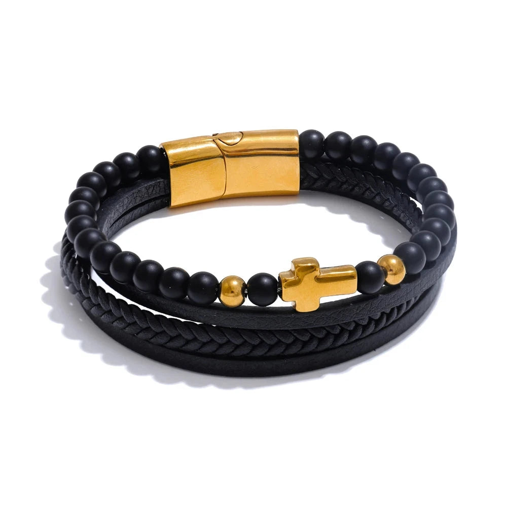 Bellartini Gold 62mm Black Leather Beads Cross Chain Layered Bracelet Bangle Trendy