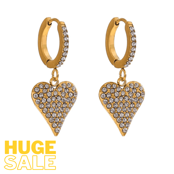 Bellartini Gold Shiny Cubic Zirconia Heart Love Drop Hoop Earrings